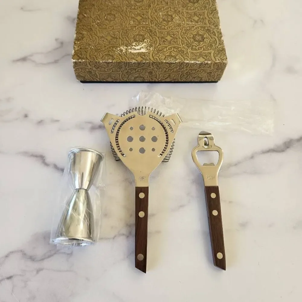 3 piece stainless steel bar set retro vintage 70s strainer jigger bottle opener